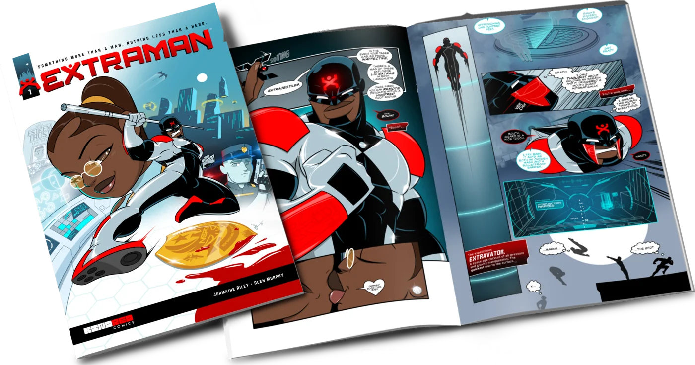 Extraman #1 print edition: the cover and an open double-page spread of Extraman suiting up